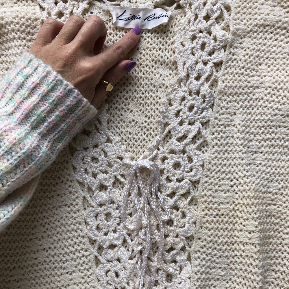 Vintage Cream Crochet Lace Up Sweater Top